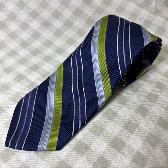 IKE BEHAR NEW YORK Silk Necktie Blue Green Stripes - Picture 1 of 7